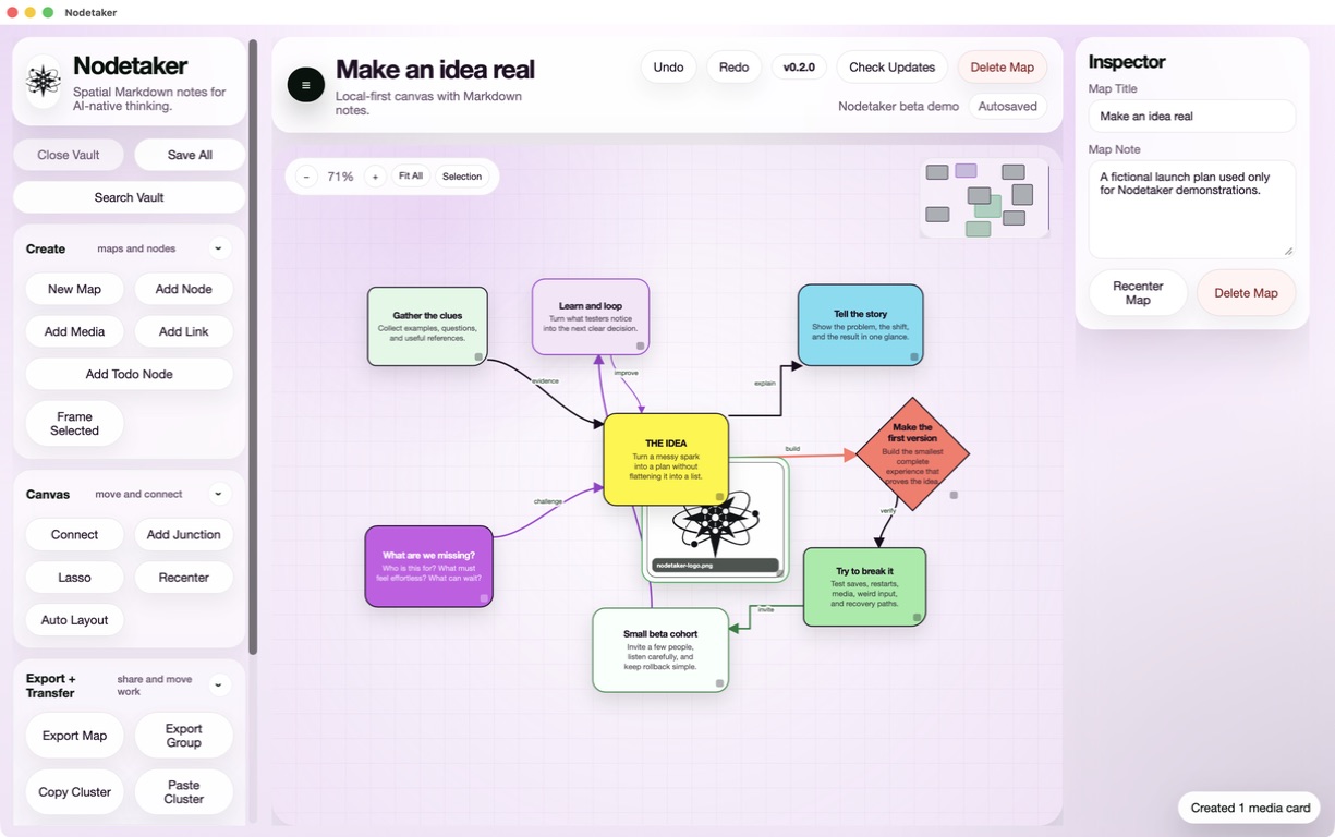 Nodetaker showing a synthetic nine-node product-planning map