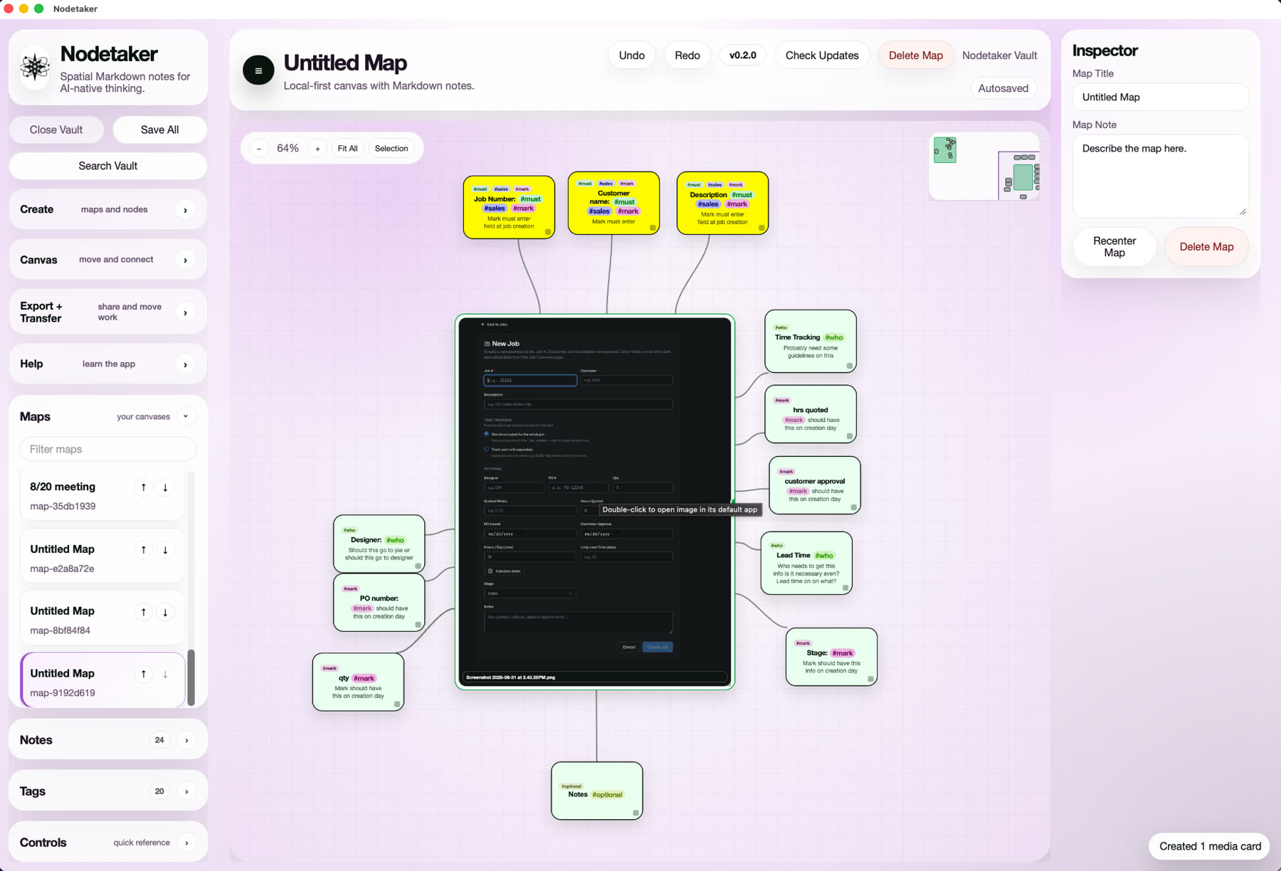 A Nodetaker canvas with a reference image connected to surrounding project notes